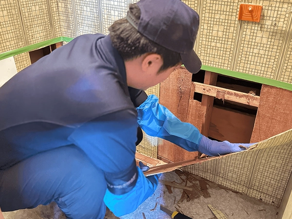 汚染や損傷が激しい内壁材（石膏ボード等）を解体・撤去し、下地を確認している原状回復作業の様子